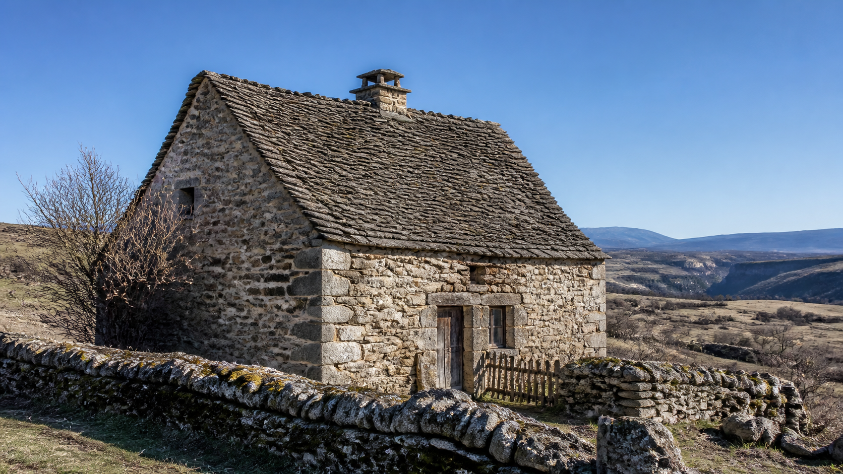 Maison en pierre avec toit en lauze en Aveyron, près de Millau, bâti typique à rénover