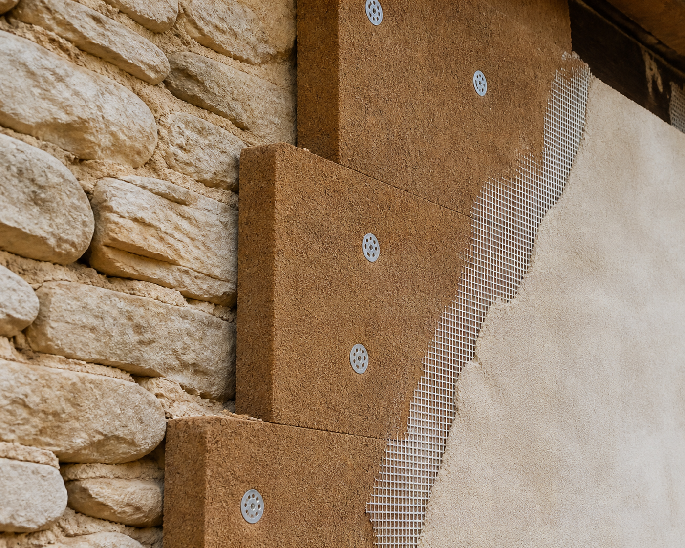 Isolation des murs en fibre de bois sur une maison en pierre dans l'Hérault
