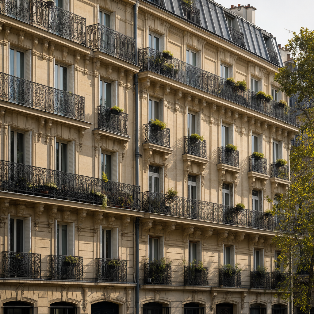 Immeuble haussmannien parisien, façade en pierre de taille typique des copropriétés à rénover