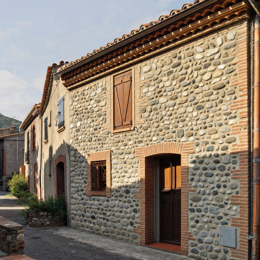 Maison catalane traditionnelle en galets roulés à Perpignan, bâti typique à rénover dans les Pyrénées-Orientales