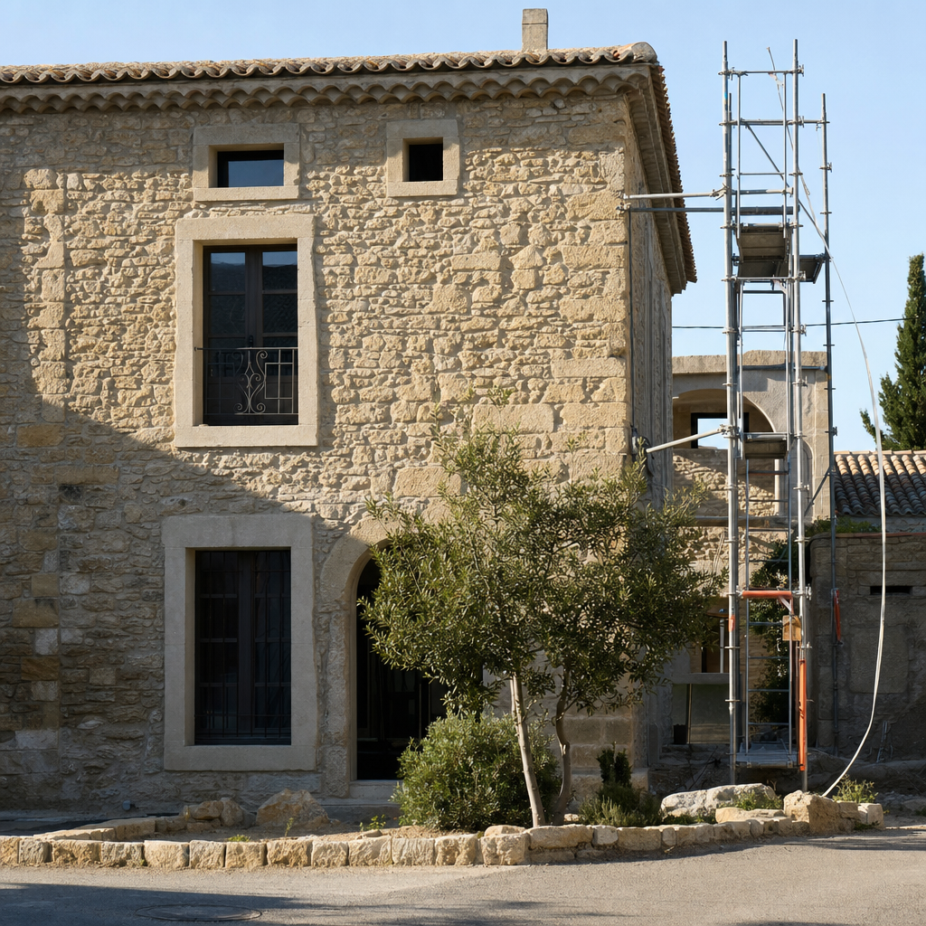 Mas occitan en cours de rénovation financée, échafaudage discret, région Montpellier