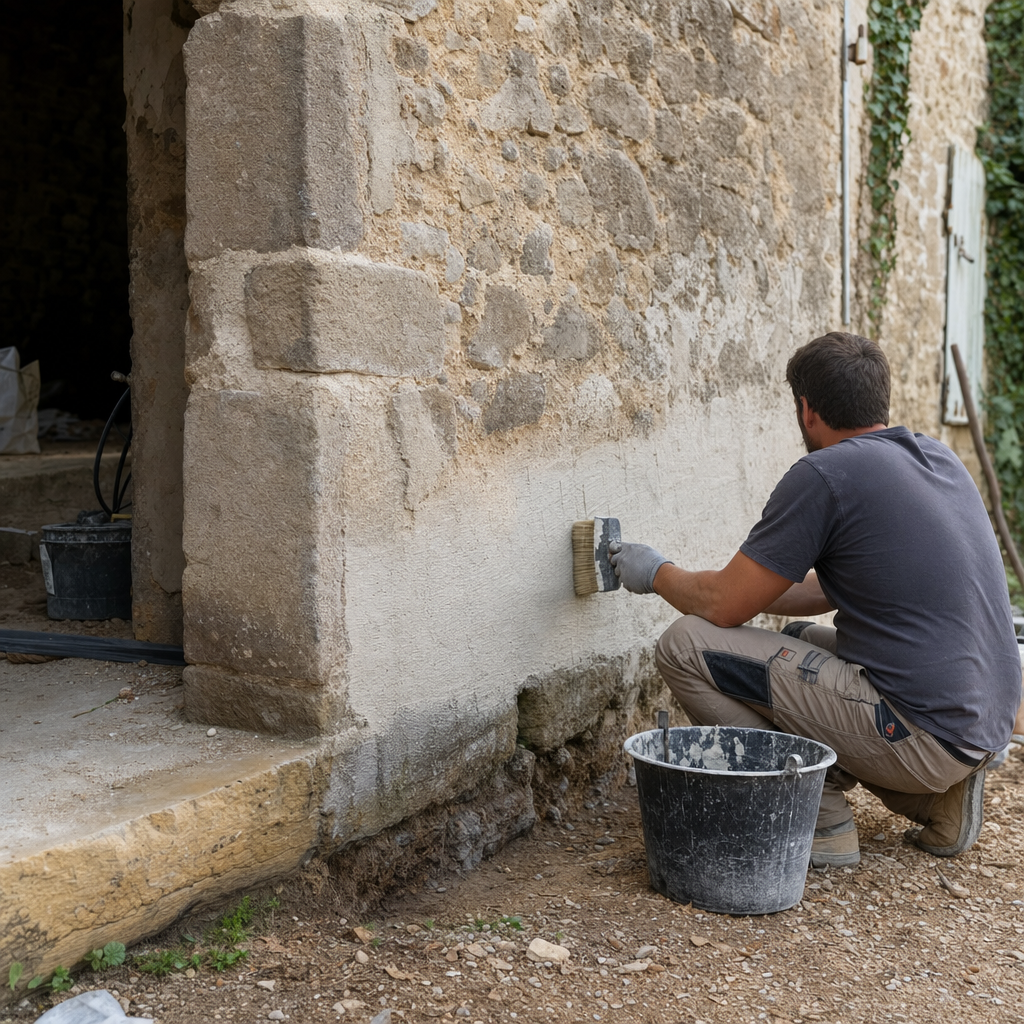 Traitement de l'humidité en pied de mur avant isolation d'une maison de village dans l'Aude