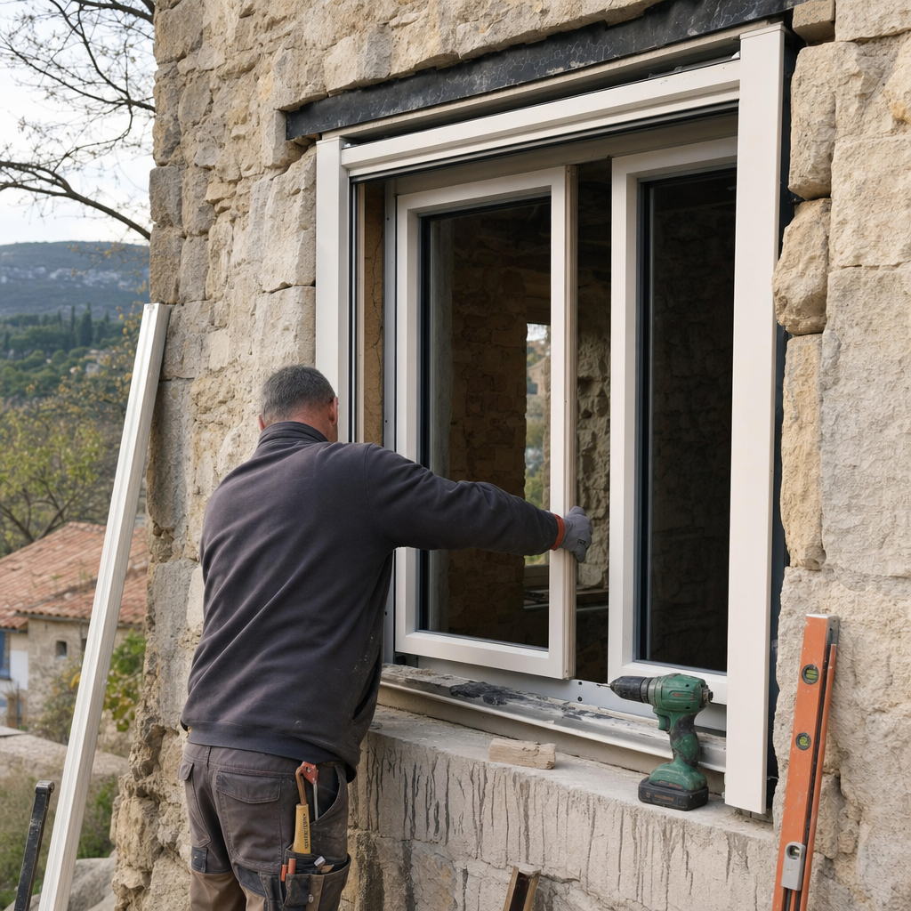 Artisan installant une fenêtre à isolation renforcée sur une maison en pierre, travaux à TVA 5,5%
